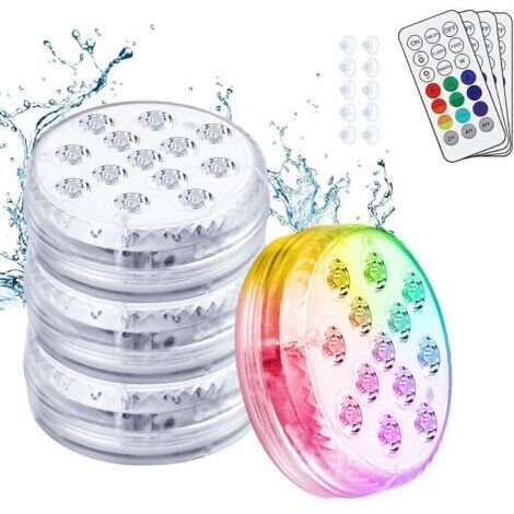 Tauchfähiges LED-Licht, 4 Stück 13 LED-Unterwasserlichter, 16 Farben RGB mit Saugnäpfen und RF-Fernbedienung, IP68 wasserdichte Beleuchtung für Aquarium, Schwimmbecken, Garten, Vase, Badewanne, Teiche