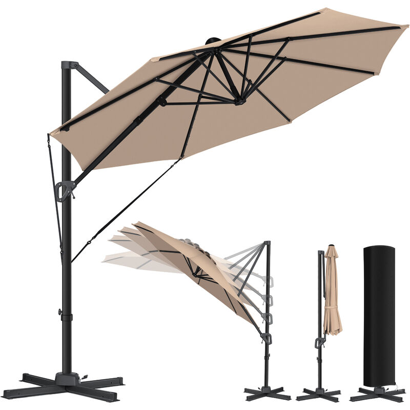 Kesser - Parasol Parapluie sun Rond xl Ø330 cm Couverture + sécurité vent incluse Réglable en 7 positions Inclinable Grand pivotant 360° Beige / Sans