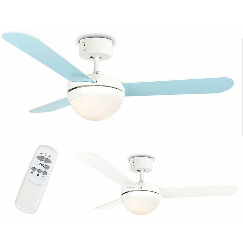 42' 106cm Duck Egg Blue Cream Reversible Blade Ceiling Fan With Frosted Shade & Remote Control - Add LED Bulbs