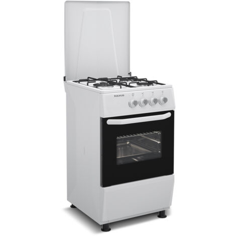 Taurus CIG3FWHM - Cocina de gas butano independiente, 9400W potencia equivalente total, 3 quemadores, preparada para gas, válvulas de seguridad, 50L capacidad horno, tapa metálica, blanco brillante