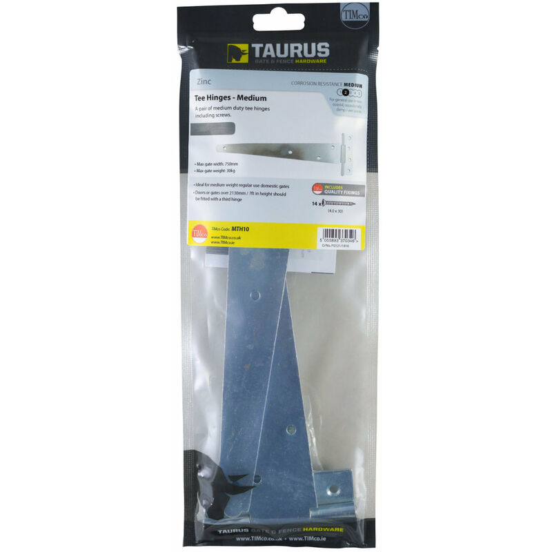 Medium Tee Hinge Pair 300mm (12') Zinc Plated - Pre-Packed (Pair) - Taurus