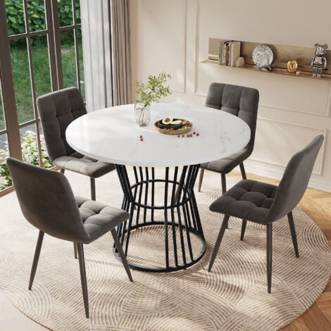 Tavoli sala da pranzo 100 cm, tavolo rotondo, piano del tavolo composto da 2 pannelli, motivo marmo, sala da pranzo / cucina / soggiorno, MDF e metallo, bianco e nero