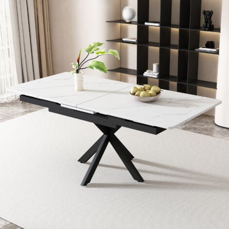 Tavoli sala da pranzo 150 (180) x 70 x 76 cm tavolo allungabile, gambe incrociate, motivo marmo, rettangolare, tavolino, nero / bianco