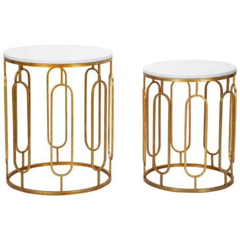 Tavolinetti coppia in metallo color oro ripiano in marmo per interni set da 2