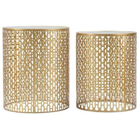 Tavolinetti coppia "Oblin" struttura in ferro color oro ripiano in vetro set da 2
