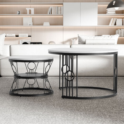 Tavolini annidabili in MDF bianco e acciaio nero, set 2 pezzi, 70 cm