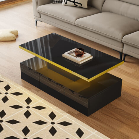 Tavolini bassi fissi 100x50x39cm, tavolino salotto, con cassetto, LED, pannello truciolare, nero