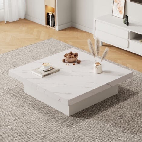 MODFU Tavolini bassi fissi 90x90x25cm tavolino salotto con 4 vani contenitore, piano scorrevole, pannello truciolare, bianco