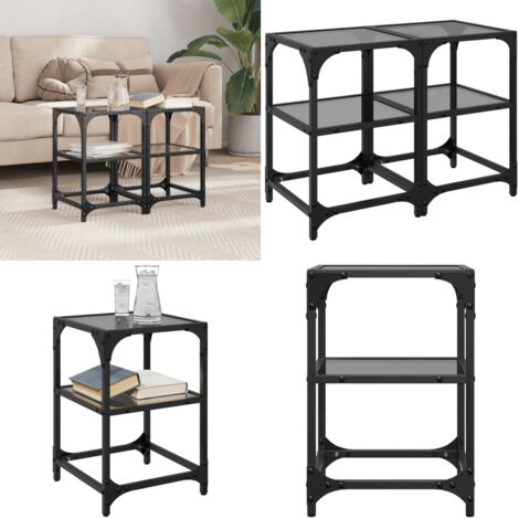 Tavolini da Salotto con Piano Vetro Nero 2pz 30x30x45cm Acciaio - Tavolino in vetro - Tavolino in acciaio