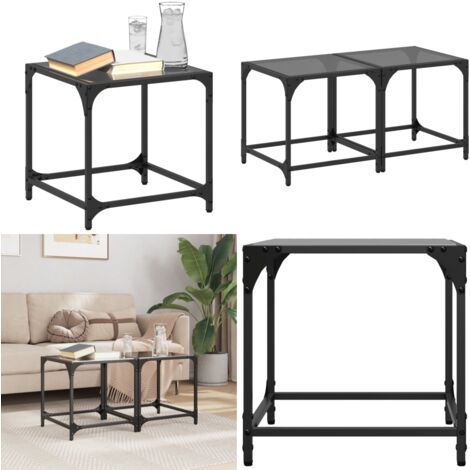 Tavolini da Salotto con Piano Vetro Nero 2pz 40x40x40cm Acciaio - Tavolo da salotto - Tavolo in vetro