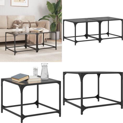 Tavolini da Salotto con Piano Vetro Nero 2pz 50x50x40cm Acciaio - Tavolino in vetro - Tavolino da soggiorno
