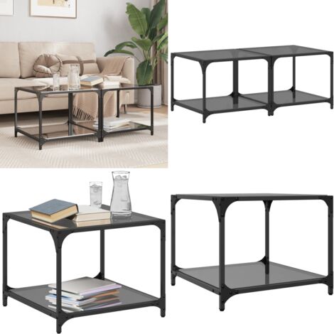 Tavolini da Salotto con Piano Vetro Nero 2pz 50x50x40cm Acciaio - Tavolino in vetro - Tavolino da soggiorno