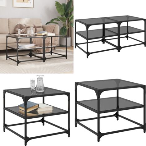 Tavolini da Salotto con Piano Vetro Nero 2pz 50x50x45cm Acciaio - Tavolino in vetro - Tavolino da soggiorno