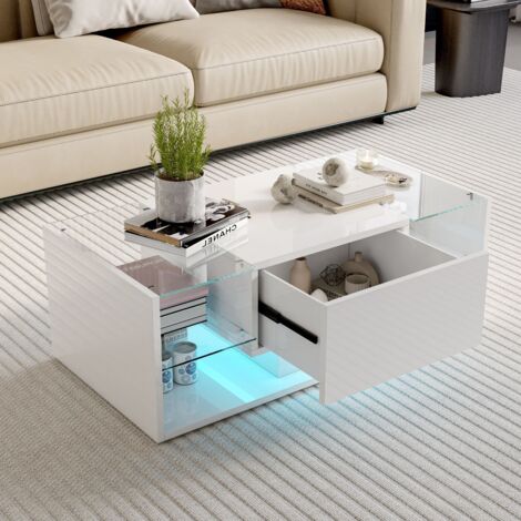 Tavolino 100x50x35 cm, striscia luminosa a LED, piano in vetro temperato, cassetti, bianco