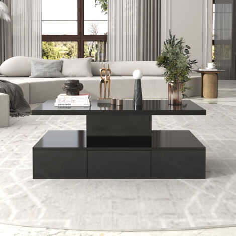 Tavolino 100x50x39 cm con 1 cassetto e LED, finitura lucida, tavolino moderno, nero