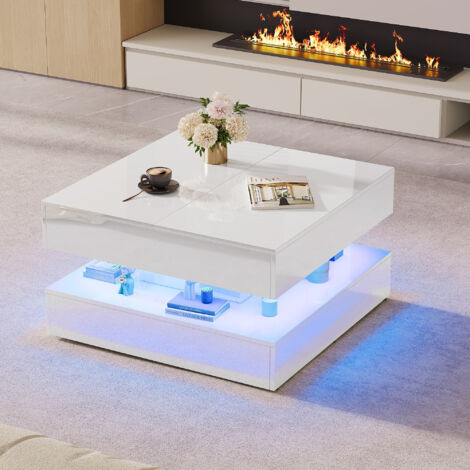 Tavolino - 73x73x43 cm - Tavolo quadrato con contenitore, illuminazione LED RGB intelligente, superficie lucida antigraffio - Bianco