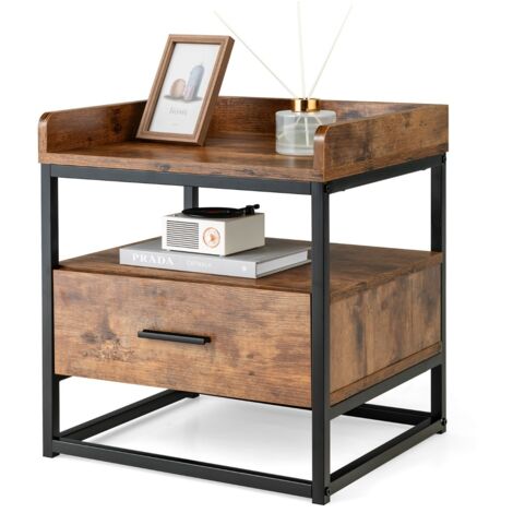 Tavolino a 3 livelli con cassetto baffles superiori rialzati scomparto aperto, Comodino in legno Marrone rustico