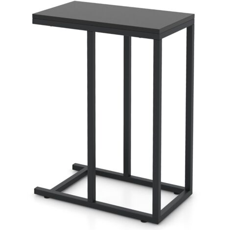 Tavolino a forma di C per divano e letto, Tavolino da soggiorno altezza 64cm con struttura in metallo Nero