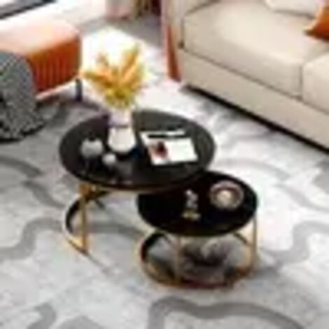 Tavolino basso 2 pezzi, tavolino da salotto moderno, per camera da letto e balcone - Nero e Oro - MDF