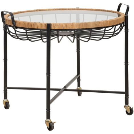 Tavolino Basso 70,5x65x57 cm con Ruote in Metallo Piano in Vetro