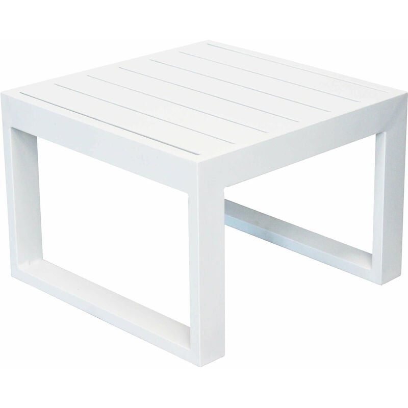 Tavolino basso quadrato 45x45 cm da esterno giardino per salotto con struttura in alluminio e piano effetto doghe Milos - White