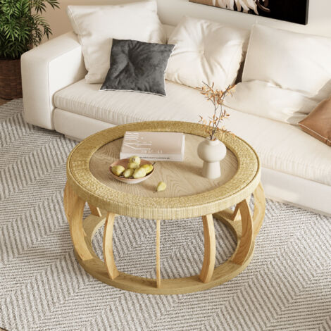 Tavolino basso rotondo con design in rattan, piedi in legno curvato, colore naturale, 90x90x43 cm