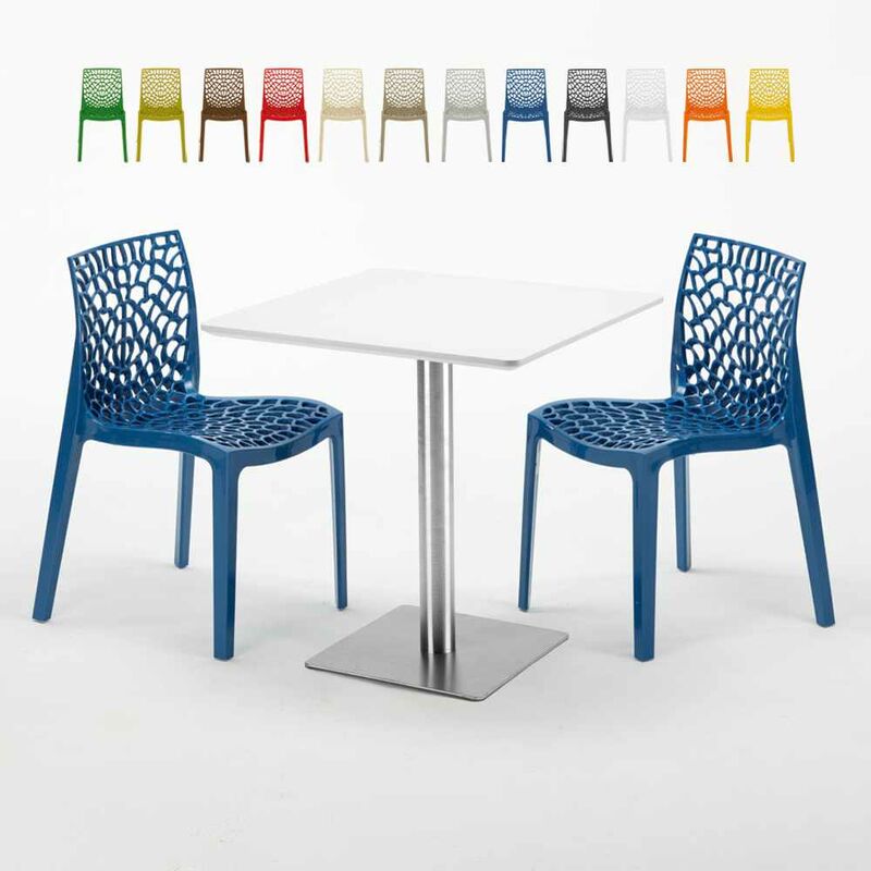 Table carrée blanche 70x70 avec pied en acier et 2 chaises colorées Gruvyer strawberry Couleur: Bleu