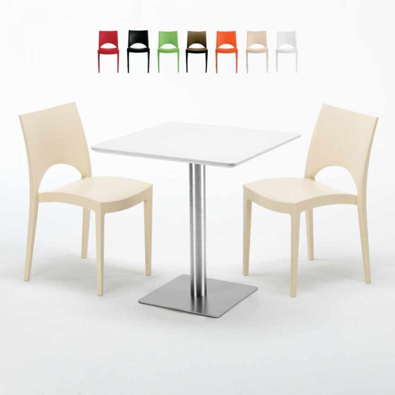 

Mesa Cuadrada Blanca 70x70 cm con Base de Acero y 2 Sillas De Colores Paris Strawberry | Color: Beige