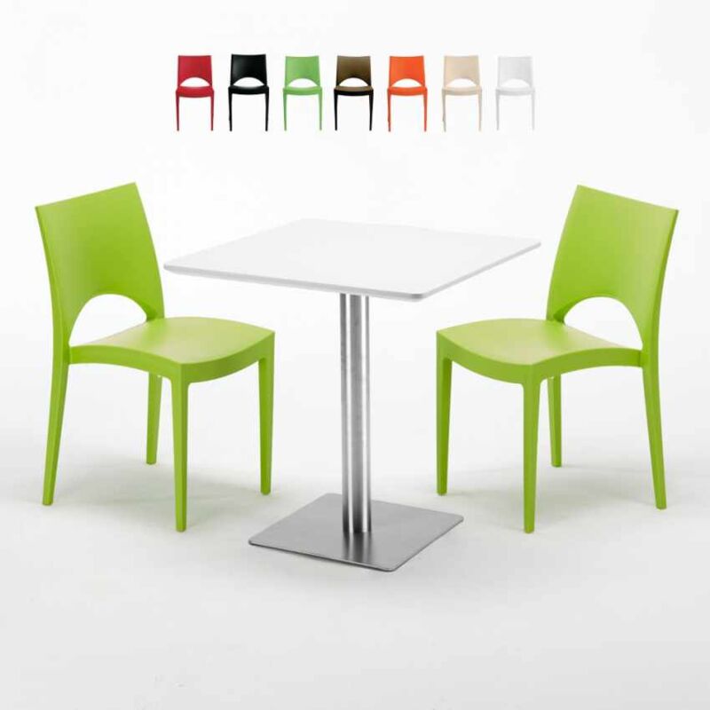 

Mesa Cuadrada Blanca 70x70 cm con Base de Acero y 2 Sillas De Colores Paris Strawberry | Color: Verde