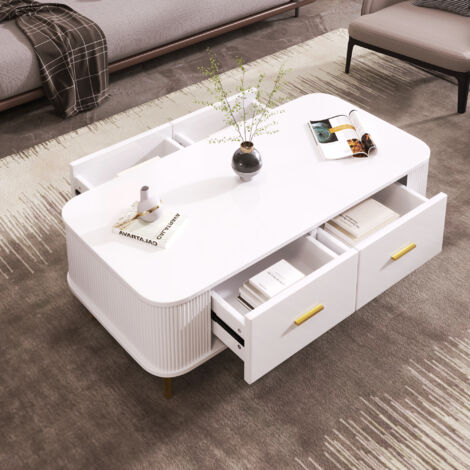Tavolino bianco con 4 cassetti, maniglie e gambe dorate, 105x51x38 cm, MDF