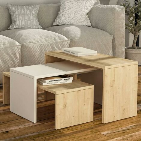 Tavolino Caffe Divano Salotto Rettangolare 3Pz Design Moderno Legno Quercia