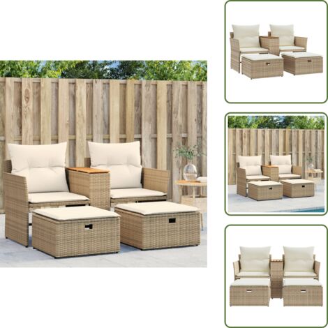 Tavolino centrale - vidaXL Divano da Giardino 2 Posti con Sgabelli Beige in Polyrattan - Cuscini sfoderabili