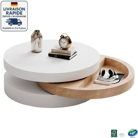 Tavolino cilindrico - Il piano del tavolo può essere ruotato di 360° - 60 x 60 x 35,1 cm - Lo strato centrale in legno ha uno spazio di archiviazione nascosto - Bianco + colore del legno originale