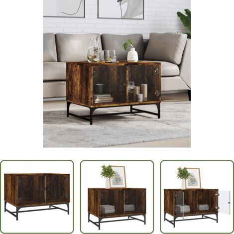 Tavolino con ante in vetro -  Tavolino da Salotto con Ante in Vetro Rovere Fumo 68,5x50x50 cm