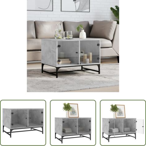 Tavolino con ante in vetro -  Tavolino Salotto con Ante in Vetro Grigio Cemento 68,5x50x50 cm