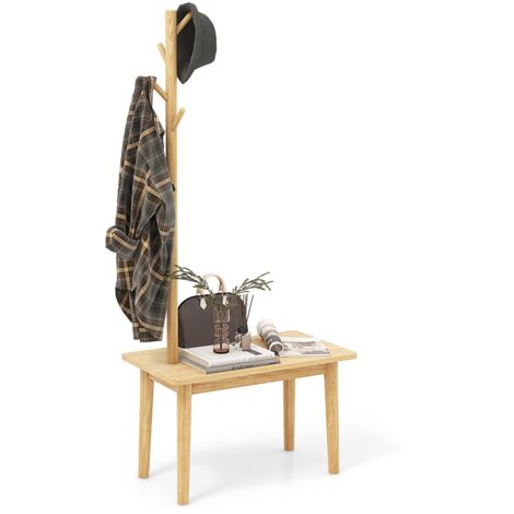 Tavolino con appendiabiti in legno massiccio, Appendiabiti con panca per scarpe 3 ganci per cappelli 168cm Naturale