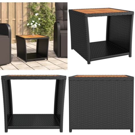 Tavolino con Piano Legno Nero Polyrattan Legno Massello Acacia - Tavolino da patio - Tavolino in legno acacia