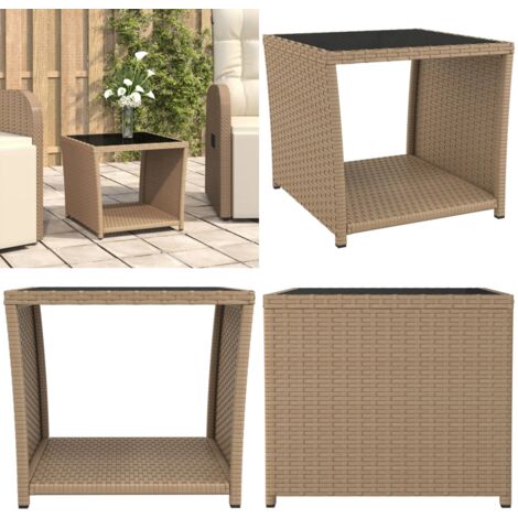 Tavolino con Piano Vetro Beige in Polyrattan e Vetro Temperato - Tavolino in vetro temperato - Tavolino in rattan