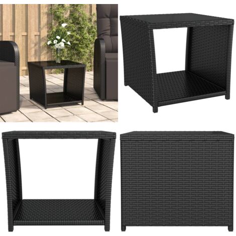 Tavolino con Piano Vetro Nero in Polyrattan e Vetro Temperato - Tavolino da patio - Tavolino in vetro temperato