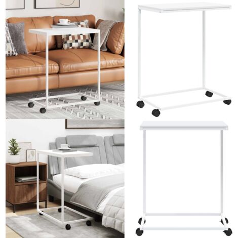 Tavolino con Ruote Bianco 55x35x70 cm in Legno Multistrato - Tavolino a forma di C - Tavolino da salotto