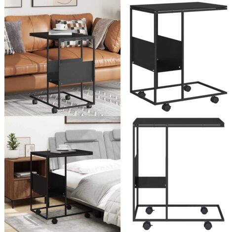 Tavolino con Ruote Nero 55x36x63,5 cm in Legno Multistrato - Tavolino a forma di C - Tavolino da salotto