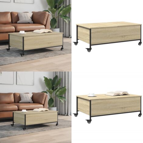 Tavolino con Ruote Rovere Sonoma 91x55x34 cm Legno Multistrato - Tavolino in legno - Tavolino con scomparti