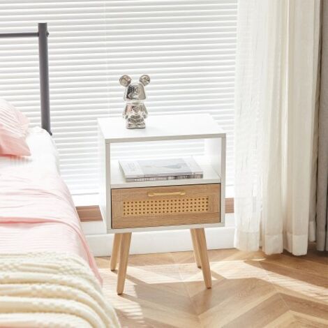 Tavolino da appoggio in rattan bianco, 1 cassetto, piedi in legno massiccio, H55×L40×P30cm