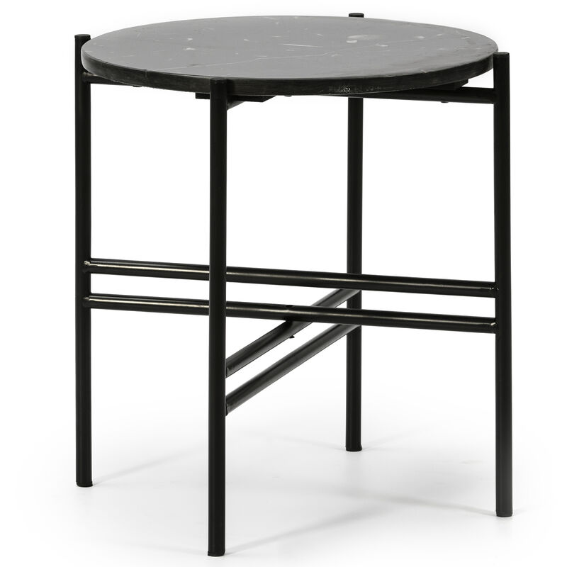 Vs Venta-stock - Tavolino da caffè Rotondo Bombai con paino d'appoggio in Marmo Nero e Gambe Metalliche di Colore Nero Opaco/Diametro: 41 cm