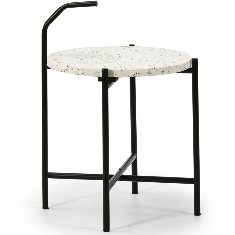 Tavolino da caffè Rotondo Yala con Piano d'appoggio in graniglia Bianco e Gambe Metalliche di Colore Nero Opaco/Diametro: 41 cm