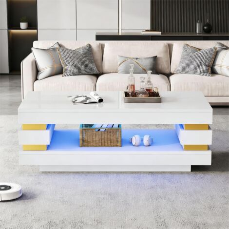 Tavolino da caffè 100x50x35 cm con vano portaoggetti centrale e luce LED USB, per soggiorno o studio, in truciolato bianco