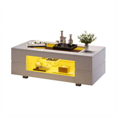 Tavolino da caffè 100x50x35cm capacità 30kg, con illuminazione LED, 2 ripiani in MDF, bianco per party e ufficio