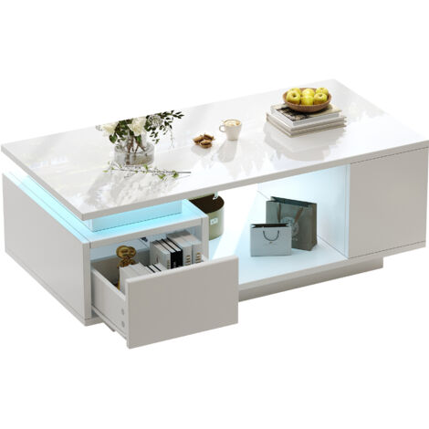 Tavolino da Caffè 100x50x36 cm, con 4 Scomparti Laterali e Cassetto, con Illuminazione a LED, Tavolo Soggiorno, Truciolare Bianco