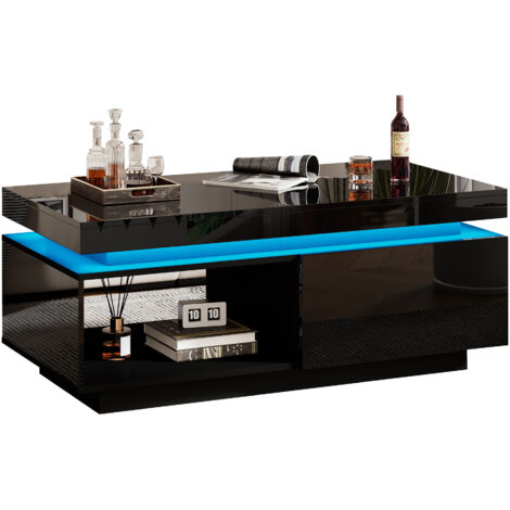 Tavolino da caffè 100x50x40cm portata 50kg LED integrata cassetto MDF Nero per soggiorno