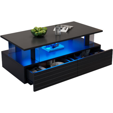 Tavolino da caffè 100x50x42cm, illuminazione Bluetooth controllabile, doppio ripiano con spazio di archiviazione, nero acrilico